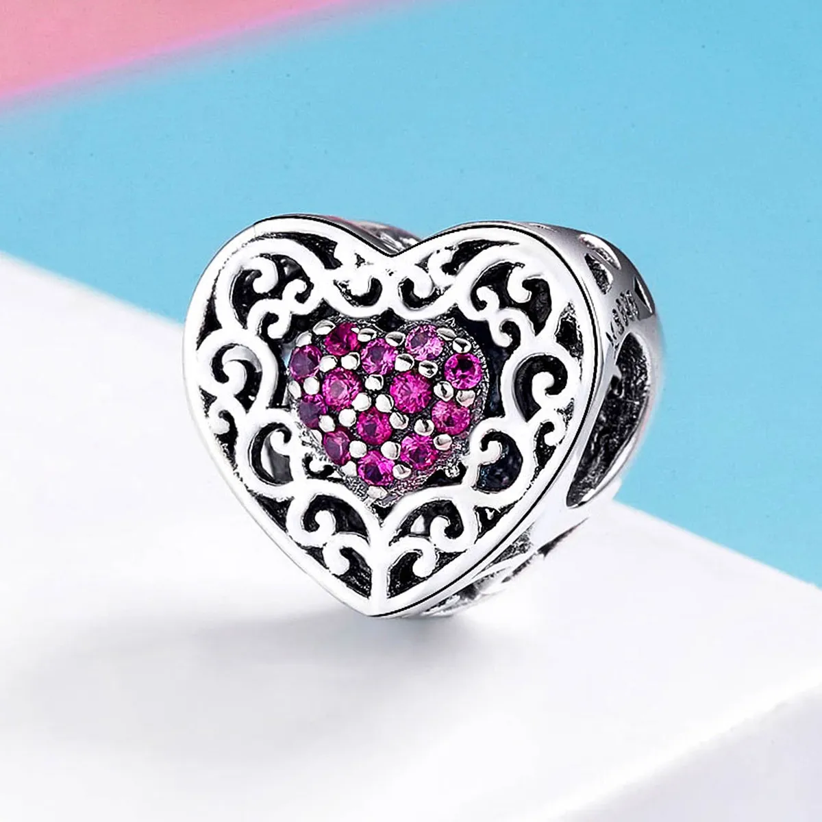 Sparkling Radiant Filigree Heart Charm 925 Sterling Silver