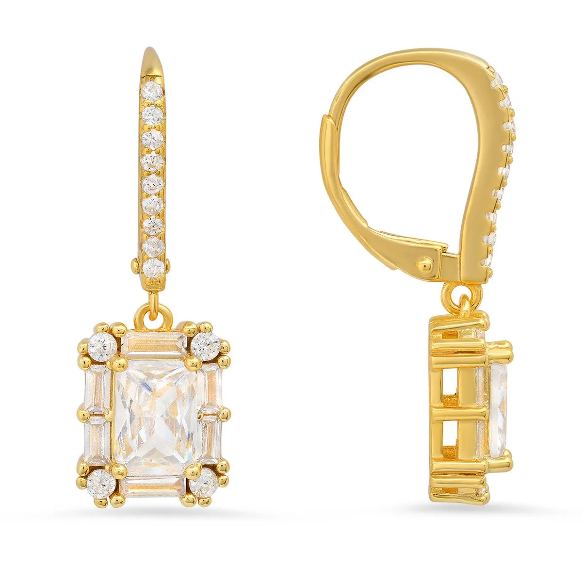 Sterling Silver Emerald-cut CZ Halo Leverback Earrings
