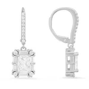 Sterling Silver Emerald-cut CZ Halo Leverback Earrings