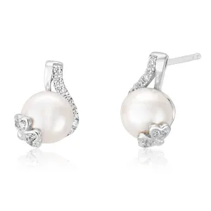 Sterling Silver Rhodium Plated Cubic Zirconia   Pearl Wrap Stud Earrings