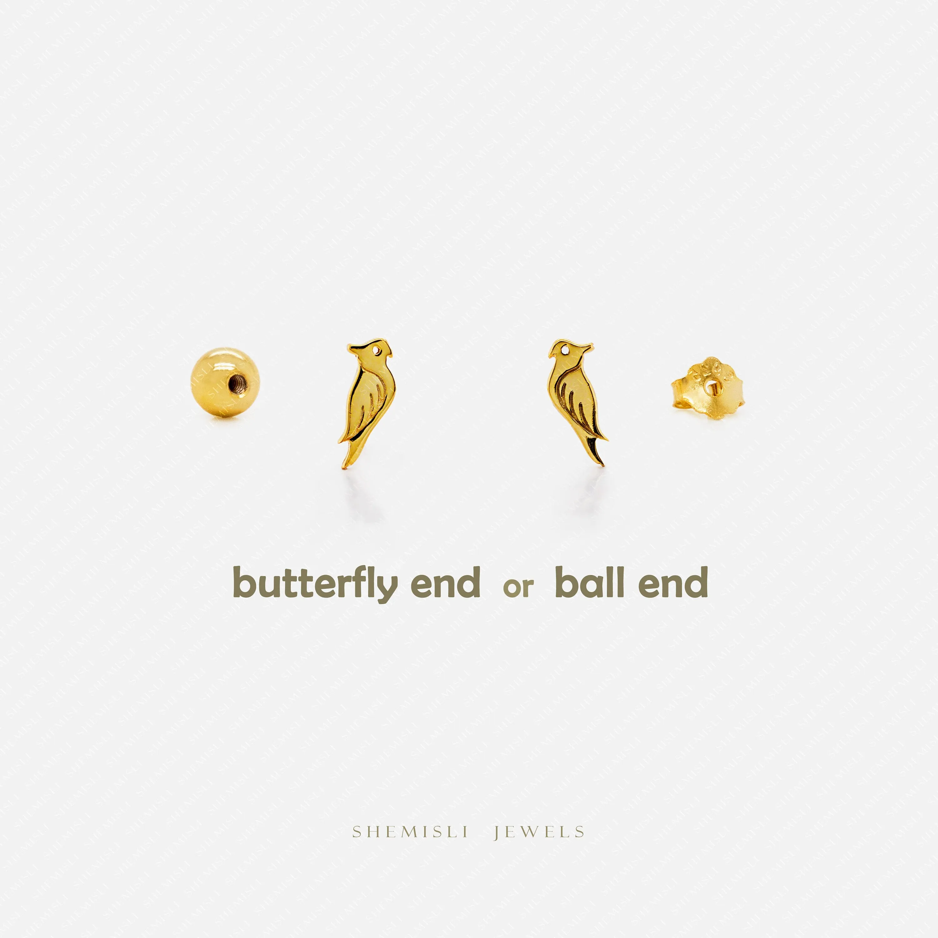 Tiny Parrot Bird Stud Earrings, Unisex, Gold, Silver SS711 Butterfly End, SS712 Screw Ball End (Type A) LR