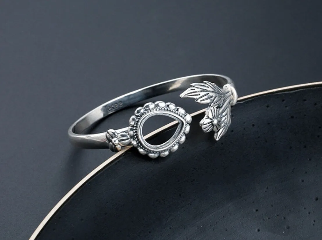 Vintage Flower Teardrop Mount Bracelet No Prongs Setting Sterling Silver Fine 925 12x15mm For One Stone Adjustable DIY Jewelry Wholesale