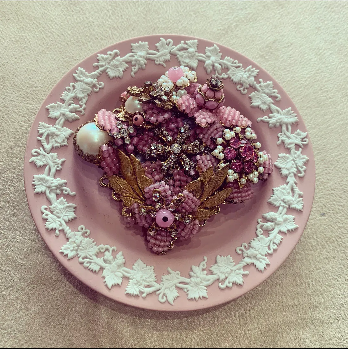 Vintage Stanley Hagler Brooch Pink Pearl Beaded