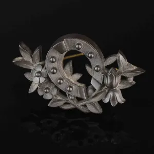 Vintage Victorian Gutta Percha Horse Shoe Floral Brooch Pin