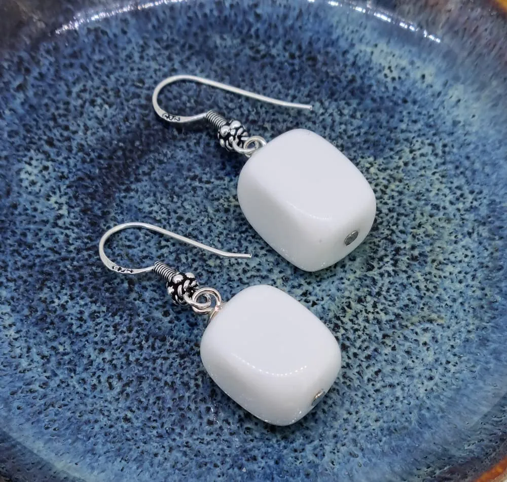 Women's Handmade White Shell Beaded Dangle Drop Earrings 925 Silver Hooks