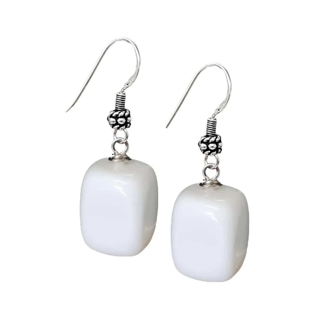 Women's Handmade White Shell Beaded Dangle Drop Earrings 925 Silver Hooks